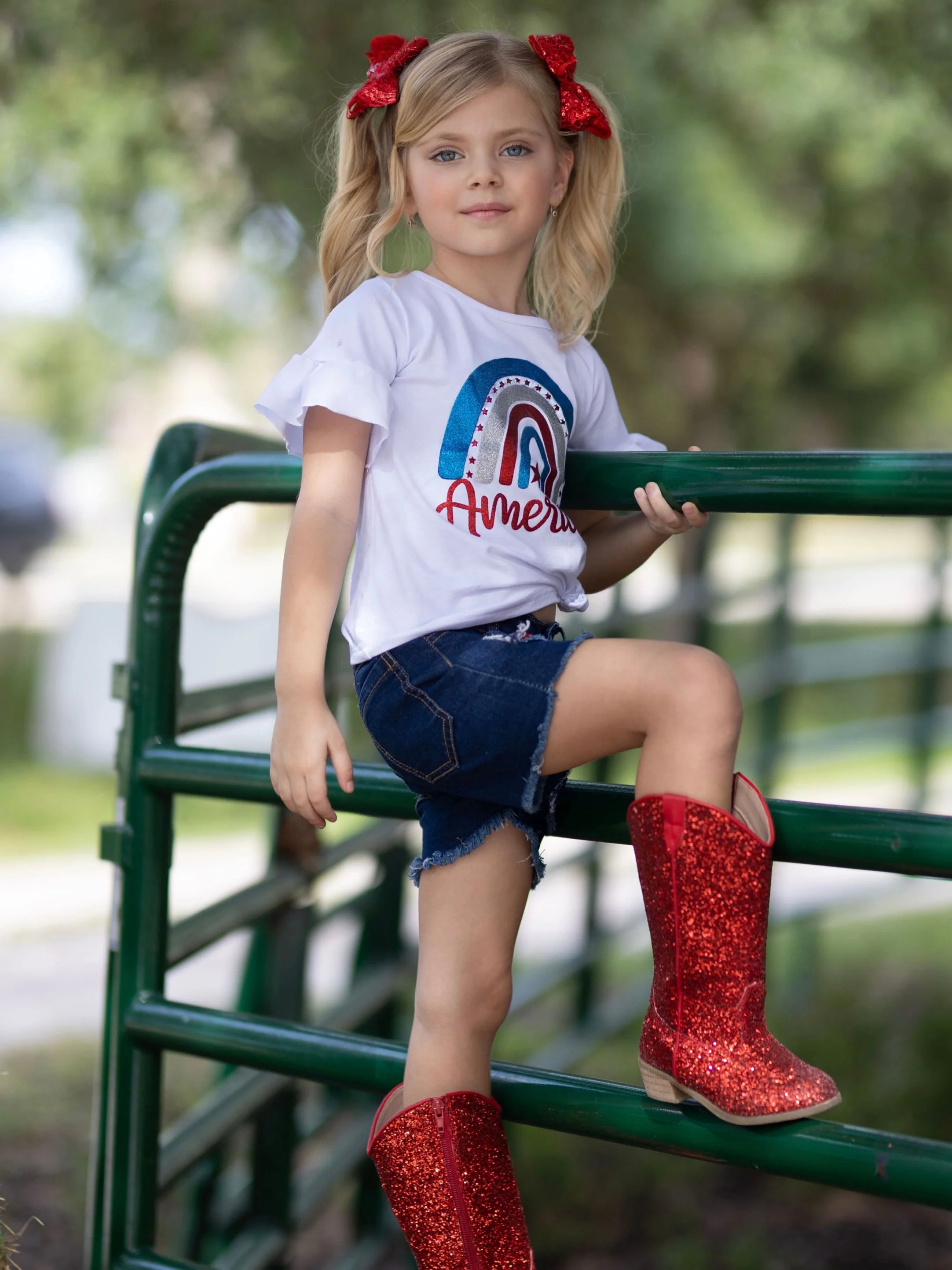American Rainbow Sequin Denim Shorts Set - Image 5